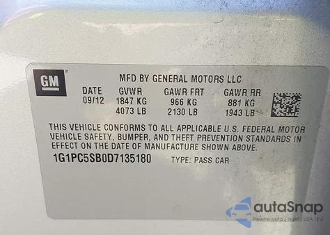 2013 Chevrolet Cruze 1Lt Auto from USA, damaged, VIN 1G1PC5SB0D7135180